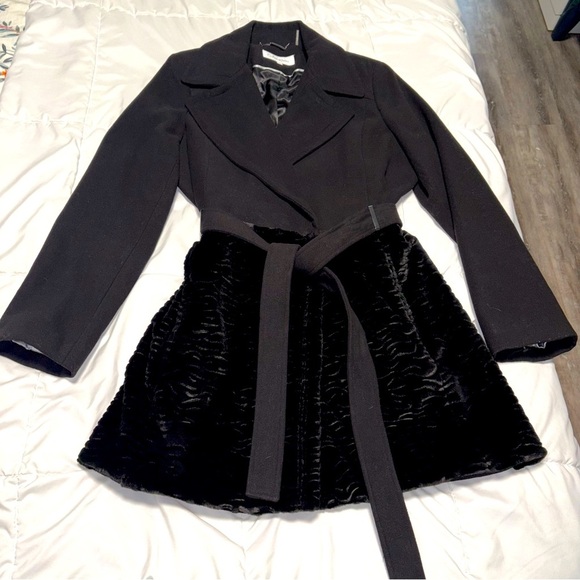 Calvin Klein Jackets & Blazers - Calvin Klein Women's Black Faux-Fur Belted Trench Coat Size 14